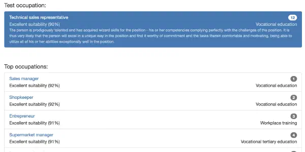 Screenshot Of Mindfindr Occupations List